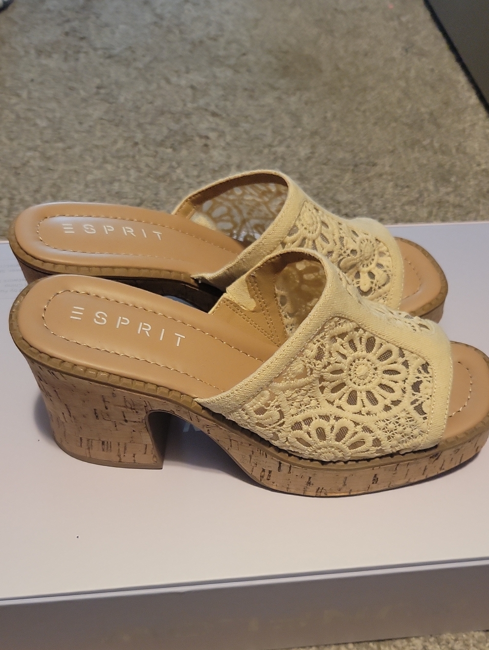 Esprit Cream Crochet Cork Block Heel Mules